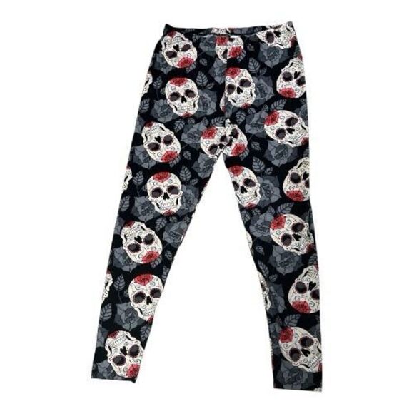 Women Black Gothic Rose & Skull Print Leggings Plus Size 3X-5X Pull On - Picture 2 of 10